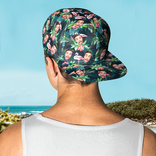 Close-up of custom face print on Hawaiian-style baseball cap demonstrating high-resolution detail and colour on polyester fabric