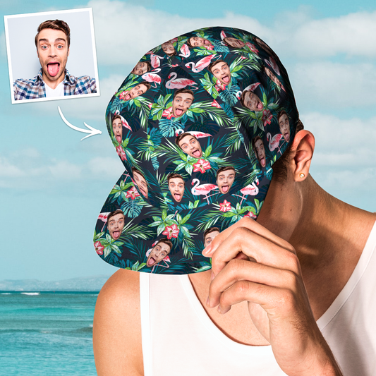 Close-up of custom face print on Hawaiian-style baseball cap demonstrating high-resolution detail and colour on polyester fabric