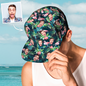 Close-up of custom face print on Hawaiian-style baseball cap demonstrating high-resolution detail and colour on polyester fabric