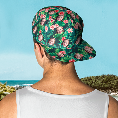 Rear view of personalised cap showing adjustable strap and seam details — personalised face Hawaiian-style baseball cap, polyester 220g