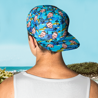 Lifestyle shot of person wearing a personalised face Hawaiian-style baseball cap at the beach — custom gift for him or her