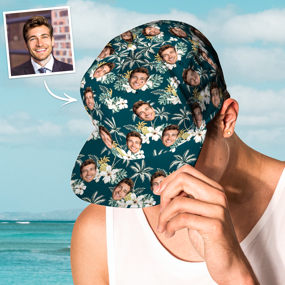 Detail shot of fabric texture and print resilience on personalised Hawaiian-style baseball cap — durable everyday wear
