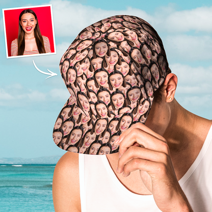 Personalised face Hawaiian-style baseball cap shown with gift tag — perfect personalised thank-you or graduation gift