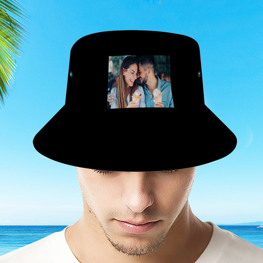 Front view of personalised custom photo bucket hat with high-resolution photo printed on the brim — lightweight foldable fisherman sun cap with UV protection, ideal personalised gift