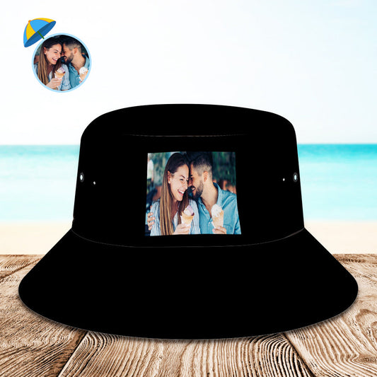 Front view of personalised custom photo bucket hat with high-resolution photo printed on the brim — lightweight foldable fisherman sun cap with UV protection, ideal personalised gift