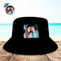 Front view of personalised custom photo bucket hat with high-resolution photo printed on the brim — lightweight foldable fisherman sun cap with UV protection, ideal personalised gift