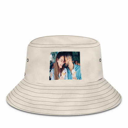 High-angle shot of personalised bucket hat emphasising wide brim and UV-shielding design — practical custom sun cap for outdoor activities