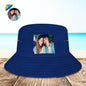 Flat-lay of personalised photo bucket hat highlighting foldable brim and lightweight polyester material — travel-friendly personalised hat