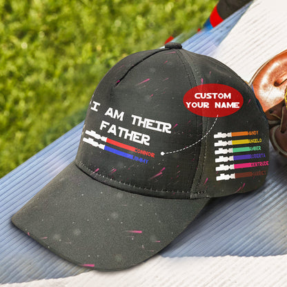 Close detail of a custom name printed beside a coloured lightsaber motif on the cap, demonstrating legible typography and vivid colours