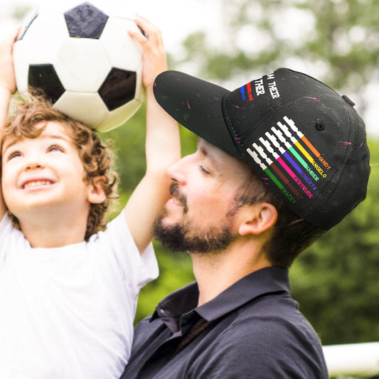 Front view of personalised lightsaber baseball cap 'I Am Their Father' with starry-sky background, multicolour lightsabers and custom names — ideal Father's Day gift