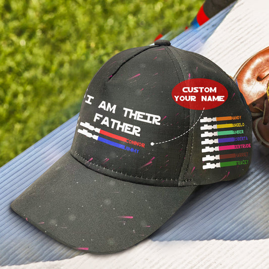Front view of personalised lightsaber baseball cap 'I Am Their Father' with starry-sky background, multicolour lightsabers and custom names — ideal Father's Day gift