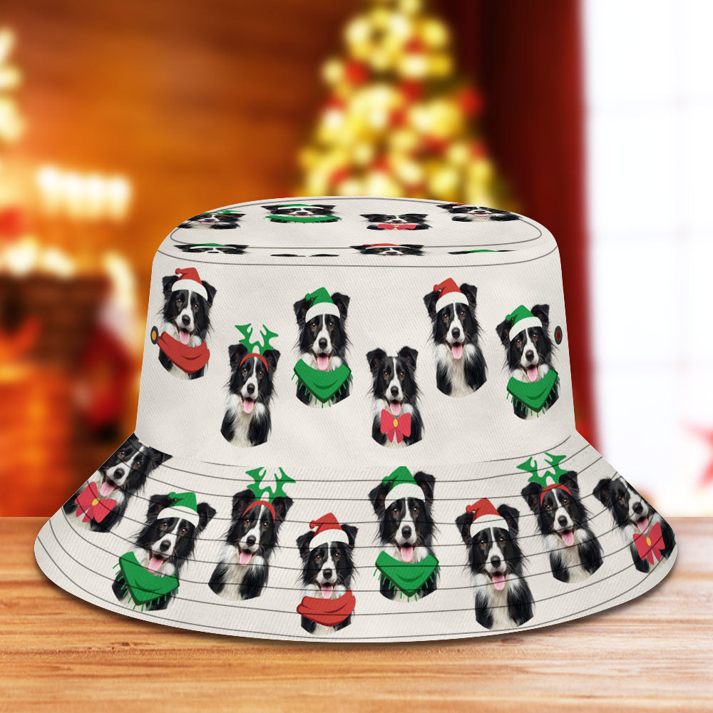 Custom pet Christmas bucket hat with personalised pet photo print — unisex summer beach cap in breathable polyester offering sun protection