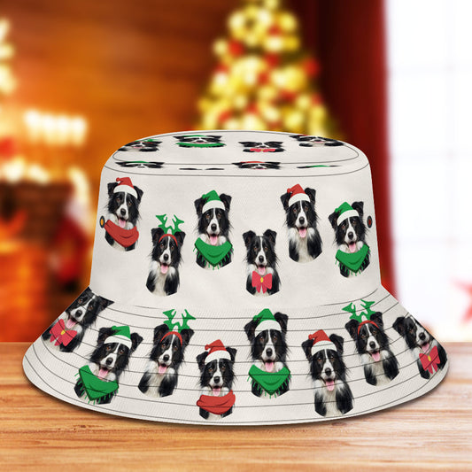 Custom pet Christmas bucket hat with personalised pet photo print — unisex summer beach cap in breathable polyester offering sun protection