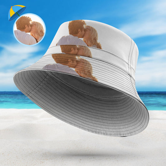 Custom reversible bucket hat front view double-sided polyester packable beach and fisherman sun hat with UV protection personalised option