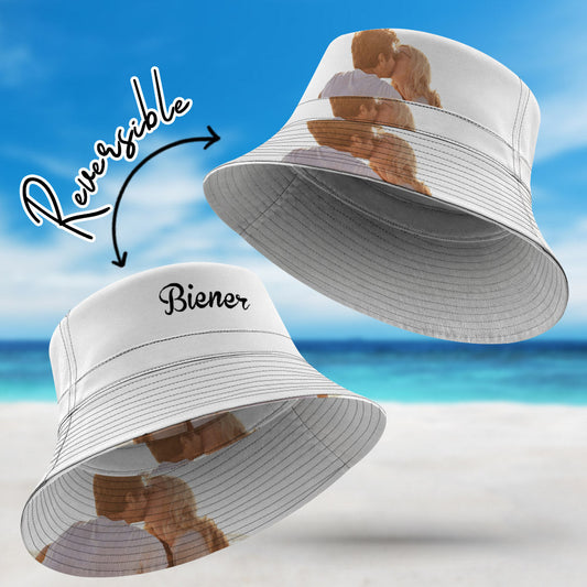 Custom reversible bucket hat front view double-sided polyester packable beach and fisherman sun hat with UV protection personalised option