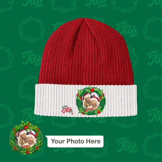 Custom photo Christmas beanie with personalised knitted mistletoe motif — unisex front view