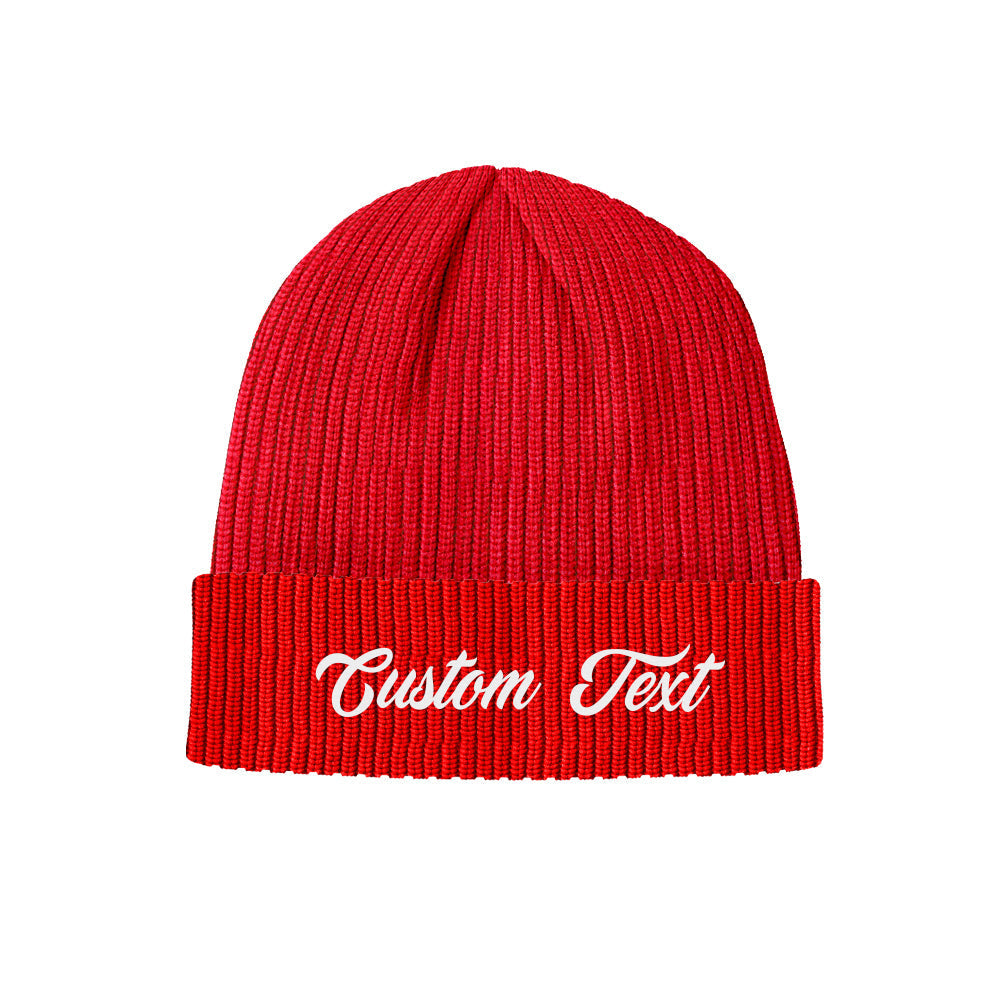 Flat‑lay of a custom text knitted beanie demonstrating unisex adult sizing and stretch — personalised warm cap suitable for snowboarding, commuting and everyday use