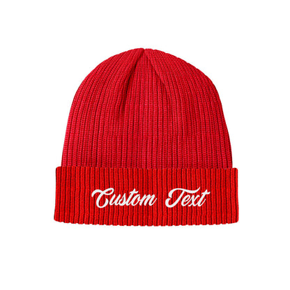 Flat‑lay of a custom text knitted beanie demonstrating unisex adult sizing and stretch — personalised warm cap suitable for snowboarding, commuting and everyday use