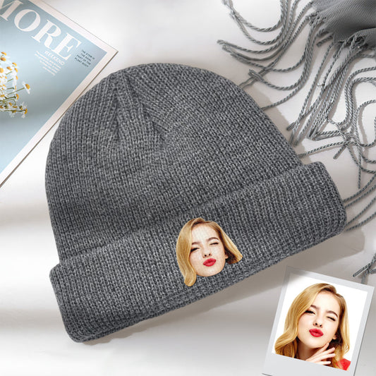 Custom face knit hat — unisex personalised photo beanie with clear front face print on soft stretchy acrylic, adult one‑size winter hat