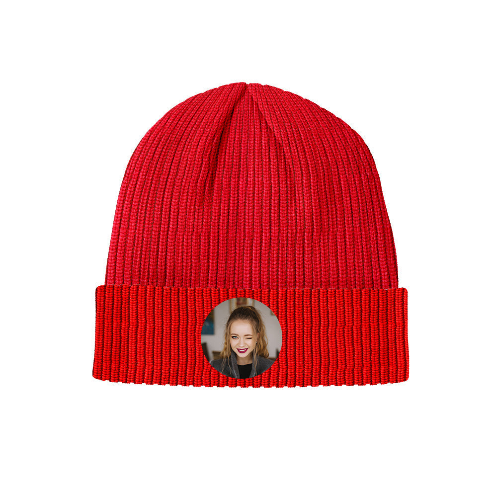 Model wearing personalised photo knitted beanie – unisex warm acrylic hat covering head and ears for outdoor winter activities