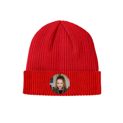Model wearing personalised photo knitted beanie – unisex warm acrylic hat covering head and ears for outdoor winter activities