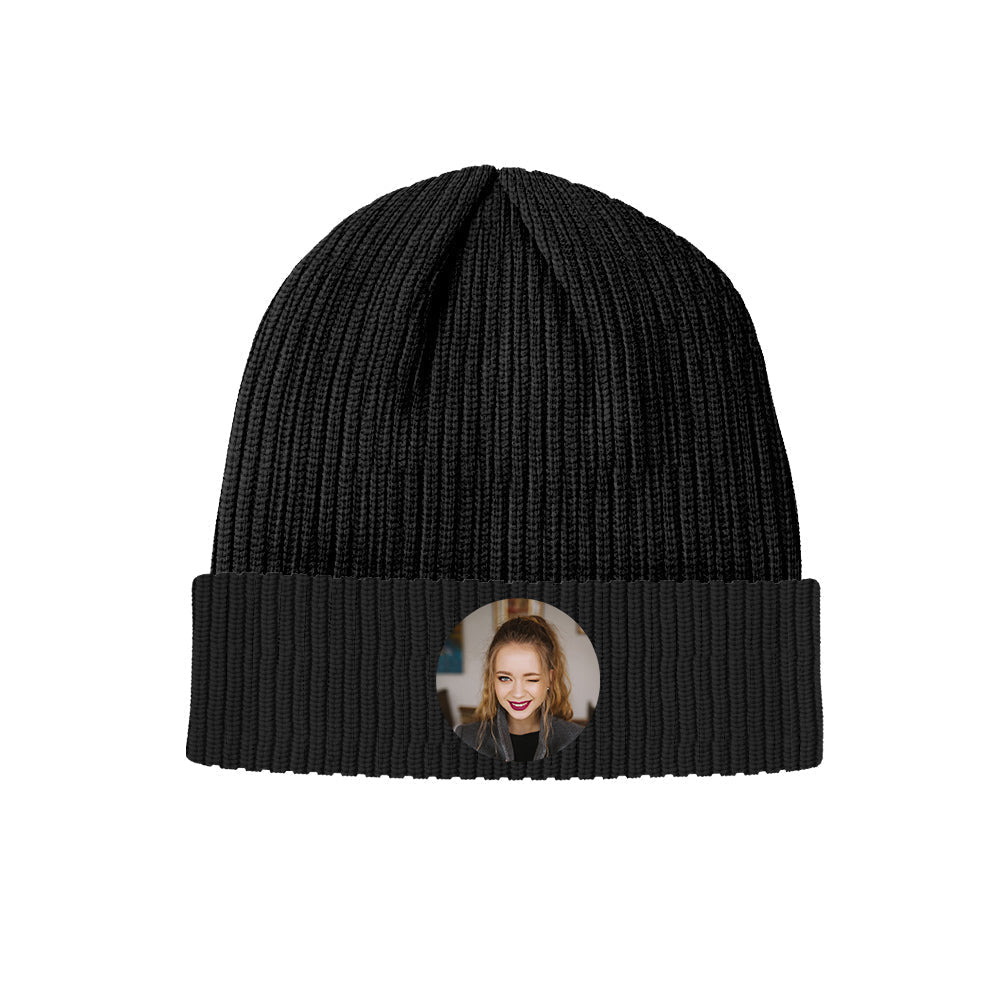Personalised pet photo knitted beanie – memorial pet gift with high-resolution printed portrait on a soft elastic acrylic hat
