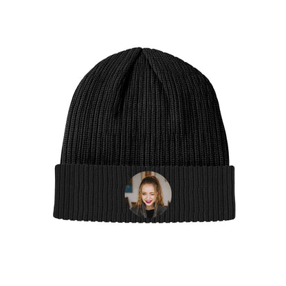 Personalised pet photo knitted beanie – memorial pet gift with high-resolution printed portrait on a soft elastic acrylic hat