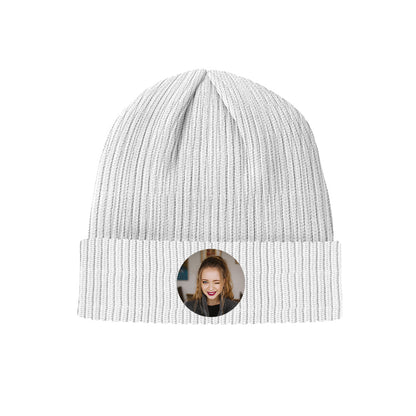 Selection of personalised photo knitted beanies – unisex winter hats in stretchy acrylic, ideal gifts for him or her