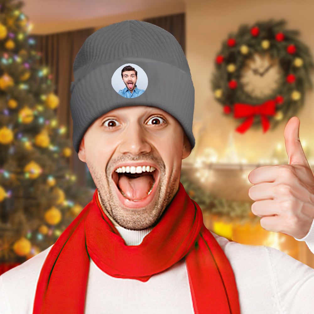 Close-up of personalised photo knitted beanie fabric – soft elastic acrylic knit that retains heat for long-lasting warmth