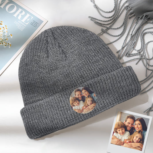 Personalised photo knitted beanie – unisex winter acrylic hat with custom face print, cosy ear‑covering Christmas gift