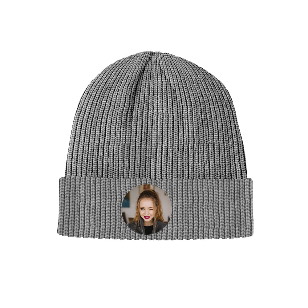 Back and side view of personalised photo knitted beanie – durable elastic acrylic knit, hand-wash or gentle machine wash care guidance