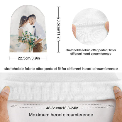 Model wearing personalised photo beanie outdoors – warm soft knit winter cap ideal for skiing, snowboarding and everyday cold weather
