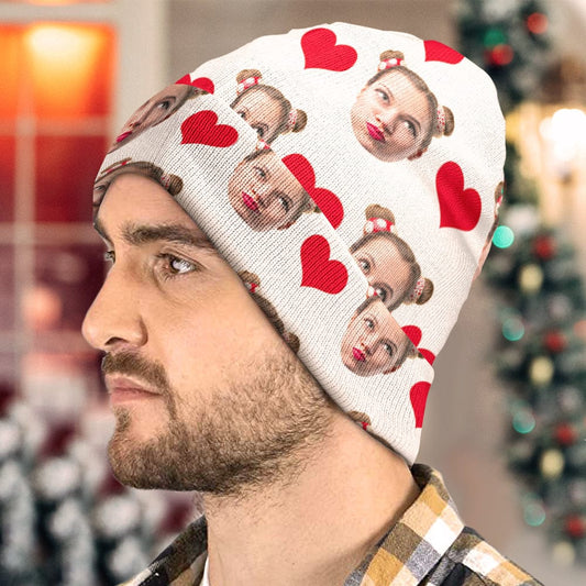 Custom face beanie with full-face photo print on soft elastic acrylic knit — personalised warm winter hat