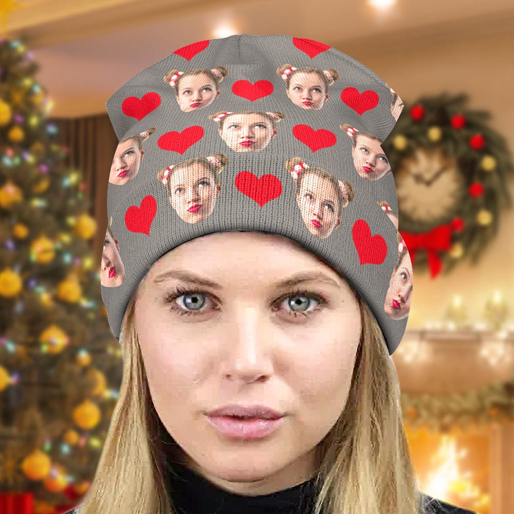 Flat display of personalised beanie C showing full-face custom print and durable construction — perfect photo beanie hat