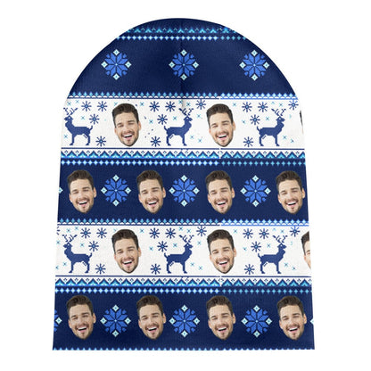Close-up of high-resolution custom face print on soft knit beanie demonstrating clear personalised photo printing