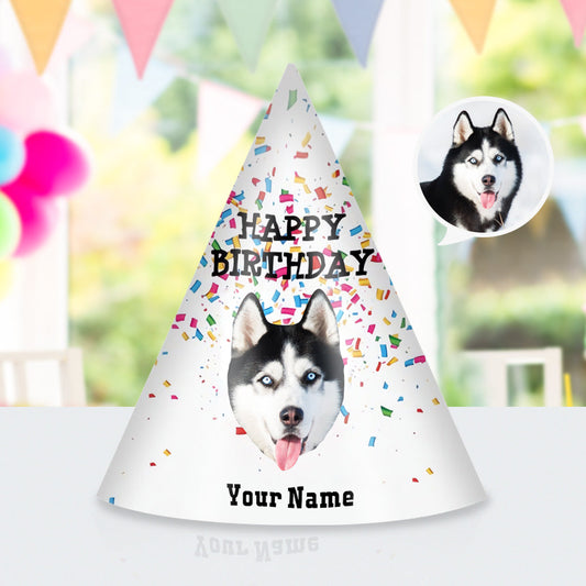 Personalised pet birthday party hat front view – custom cone hat printed on sturdy paper with elastic strap, ideal pet party supplies