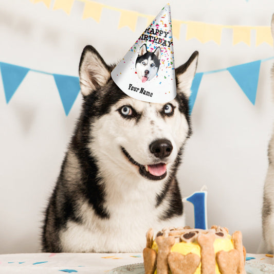 Personalised pet birthday party hat front view – custom cone hat printed on sturdy paper with elastic strap, ideal pet party supplies