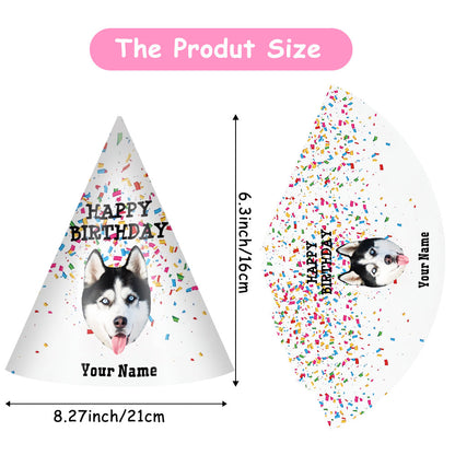 Flat fan-shaped personalised party hat ready for assembly – custom pet party supplies, easy to fold into cone with pre-cut holes and elastic fastening