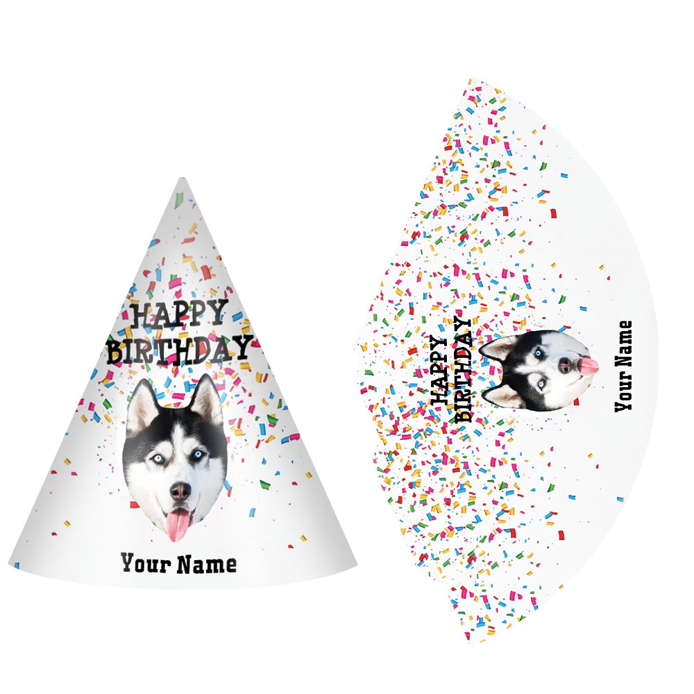 Close-up of high-resolution custom print and elastic fastening on personalised pet birthday party hat, showing pre-cut holes and paper texture