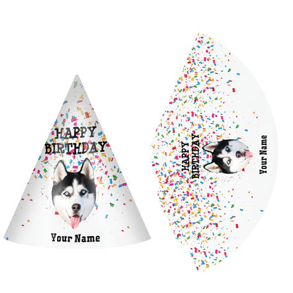 Close-up of high-resolution custom print and elastic fastening on personalised pet birthday party hat, showing pre-cut holes and paper texture
