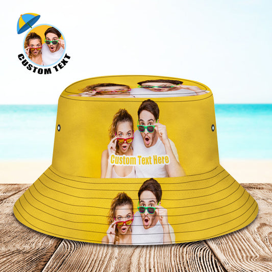 Unisex all-over print personalised bucket hat with custom text, foldable design and breathable fabric providing UV sun protection for travel and festivals