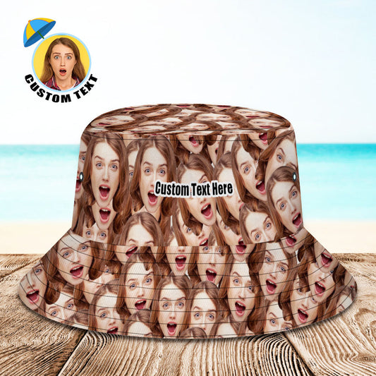 Custom pet face bucket hat showing full-frame personalised pet photo — unisex foldable beach & sports hat with UV protection