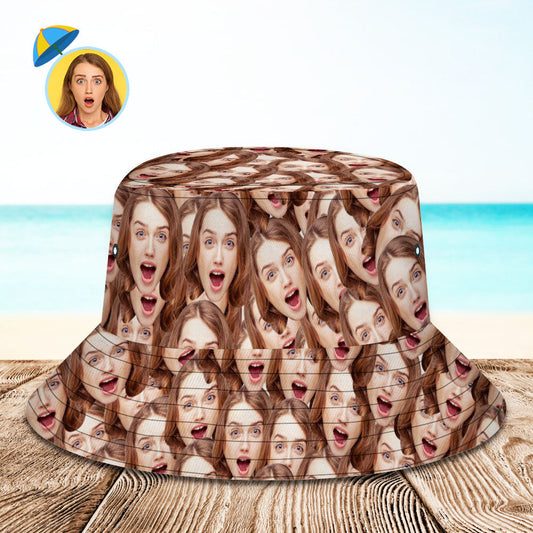 Custom pet face bucket hat showing full-frame personalised pet photo — unisex foldable beach & sports hat with UV protection