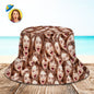 Custom pet face bucket hat showing full-frame personalised pet photo — unisex foldable beach & sports hat with UV protection
