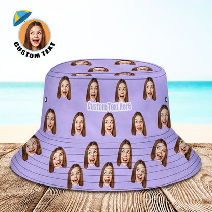 Side view of personalised purple fisherman bucket hat with bespoke face photo print, classic three-dimensional shape and breathable polyester twill
