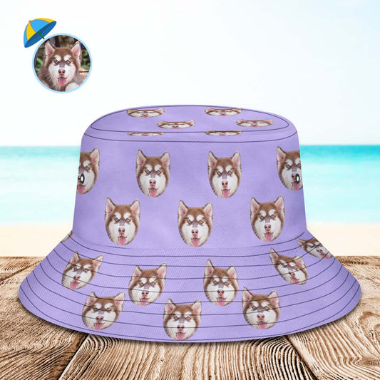Custom photo face purple summer bucket hat – personalised fisherman hat with full-frame vibrant photo print, lightweight foldable UV-protective polyester twill
