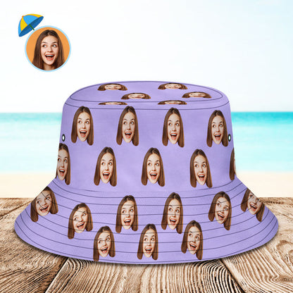 Custom photo face purple summer bucket hat – personalised fisherman hat with full-frame vibrant photo print, lightweight foldable UV-protective polyester twill
