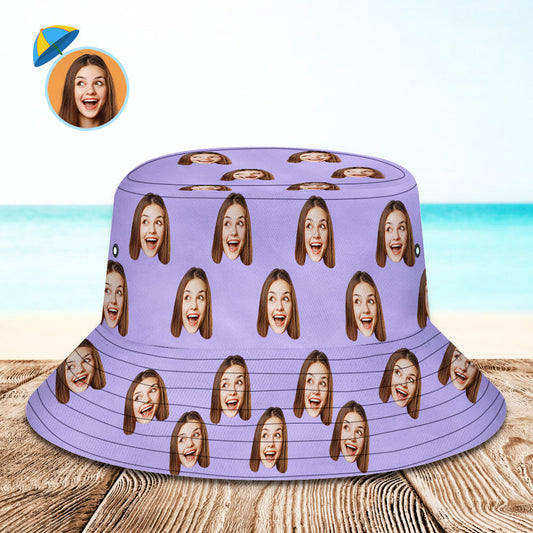 Custom photo face purple summer bucket hat – personalised fisherman hat with full-frame vibrant photo print, lightweight foldable UV-protective polyester twill