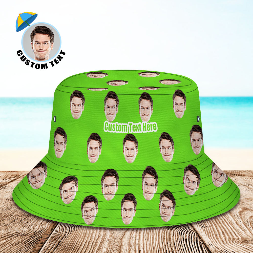 Green personalised fisherman bucket hat side angle showing structured brim and full-frame custom photo print