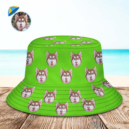 Personalised photo face bucket hat in green – front view of custom fisherman hat with edge-to-edge photo printing for summer sun protection